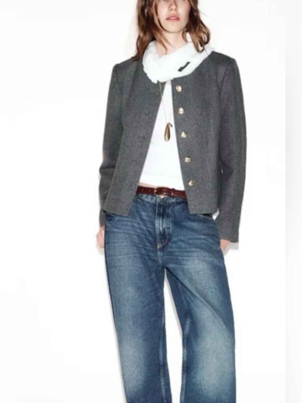 Zara NWT Gray Collarless Gold Button Tailored Blazer Jacket